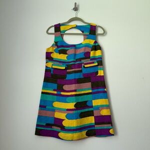 Tibi New York Colorful Geometric Silk Linen Dress Blue, Yellow and Brown, Size 4